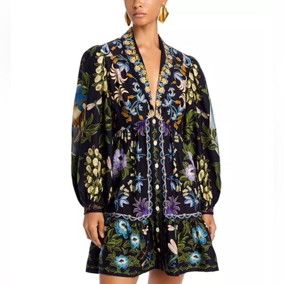 NEW FARM Rio Black Winter Garden Mini Dress Floral Birds Dragonfly Size M - Picture 3 of 7